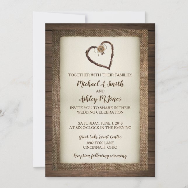 Bois, Burlap & Twine Heart Faire-part de mariage (Devant)