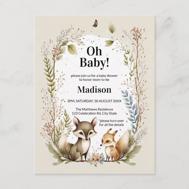Bois Créatures Baby shower Invitation Aquarelle (Devant)