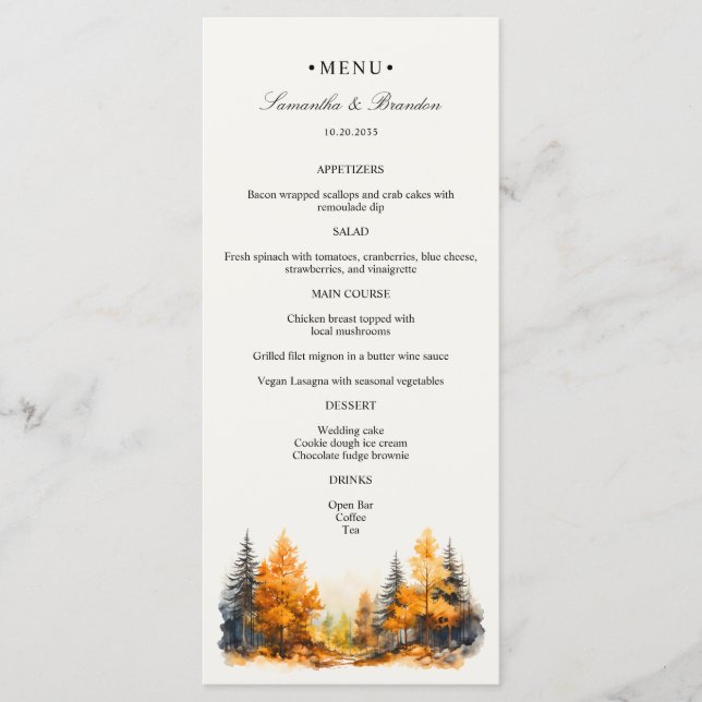 Bois d'automne, Forêt d'automne Mariage Dîner Menu (Devant)