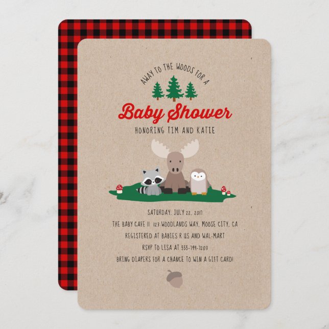 Bois de bûcheron Baby shower Animaux Invitation (Devant / Derrière)