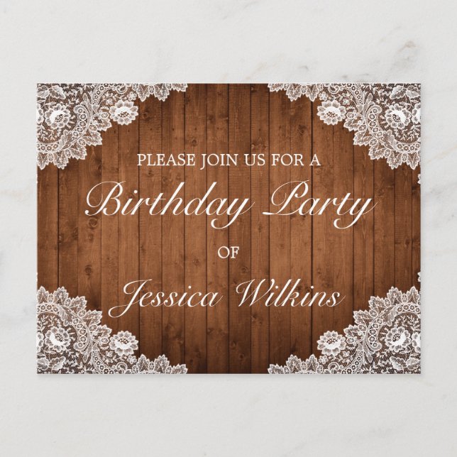 Bois & dentelle Anniversaire Fête Invitation Carte (Devant)