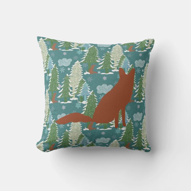 Bois D'Hiver Avec Renard Rouge Jeter Oreiller (Recto)