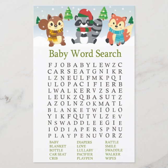 bois d'hiver Baby shower animal Word RechercheJeu (Devant)