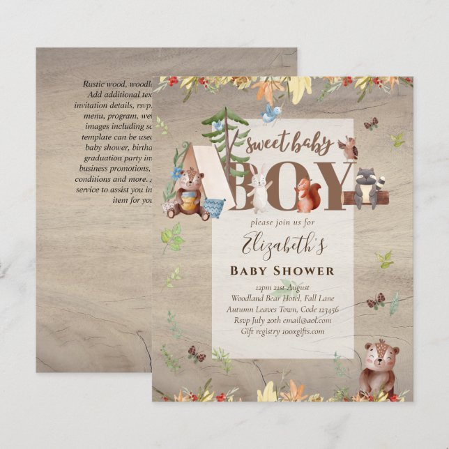Bois Ours Animaux Garçons Baby shower Invitation (Devant / Derrière)