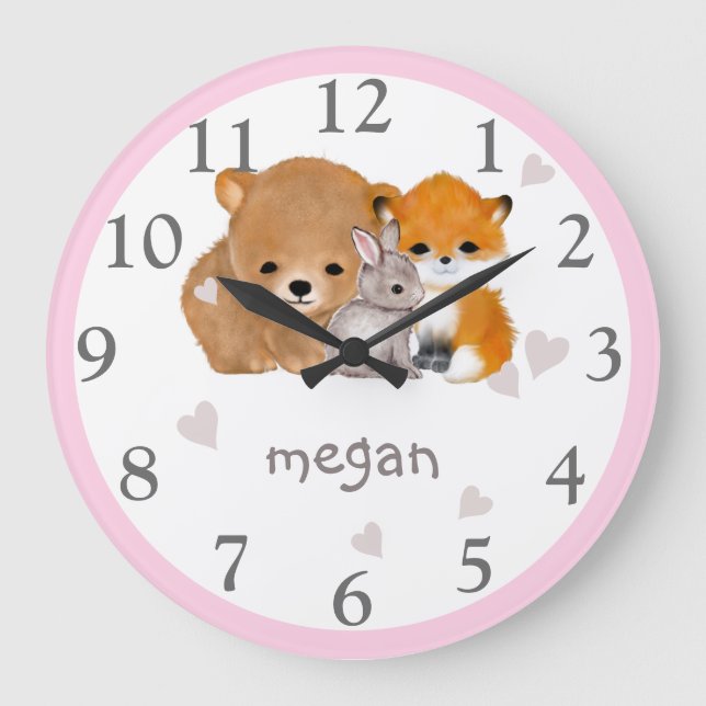 Bois rose Animaux Fox ours Bunny Horloge murale (Recto)