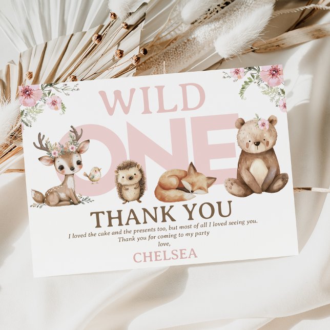 Bois rose sauvage Un premier Carte de remerciement (Pink Woodland Wild One Thank You Birthday Card, Wildflowers Woodland Wild One Thank You Card)