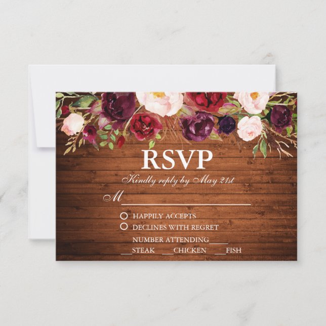 Bois rustique Bourgogne Floral Mariage RSVP avec r (Devant)