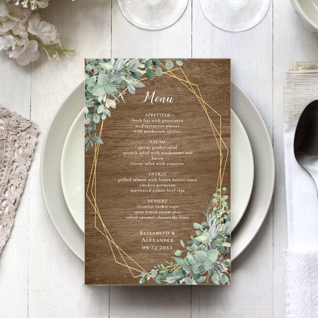 Bois rustique Eucalyptus Vert Or Mariage Menu (Créateur téléchargé)