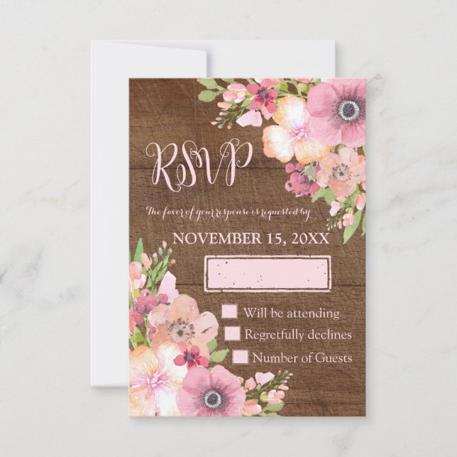 Bois Rustique Fleurs roses Mariage RSVP (Devant)