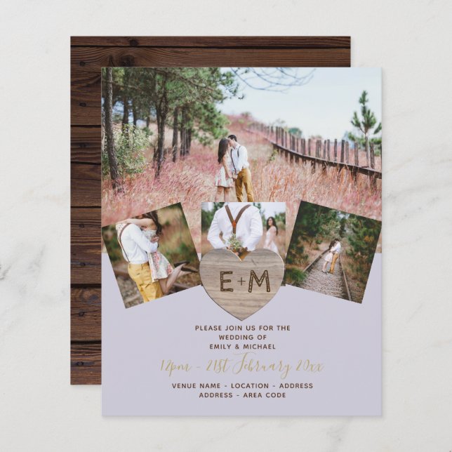 Bois rustique gravé Coeur PHOTO COLLAGE Invitati (Devant / Derrière)