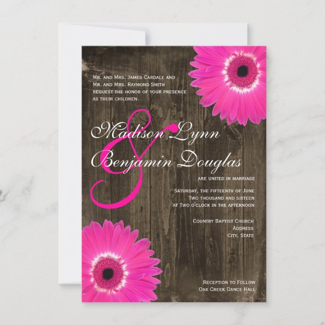 Bois rustique Hot rose pâle Invitations de mariage (Devant)