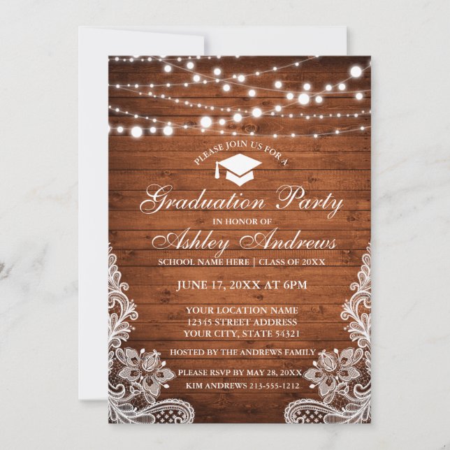 Bois rustique Lumières Dentelle Invitation de grad (Devant)