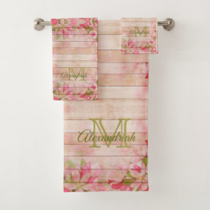 Bois rustique monogramme de famille floral rose vi