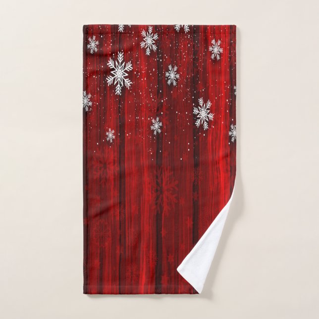 Bois rustique rouge, flocons de neige Noël (Serviette à main)