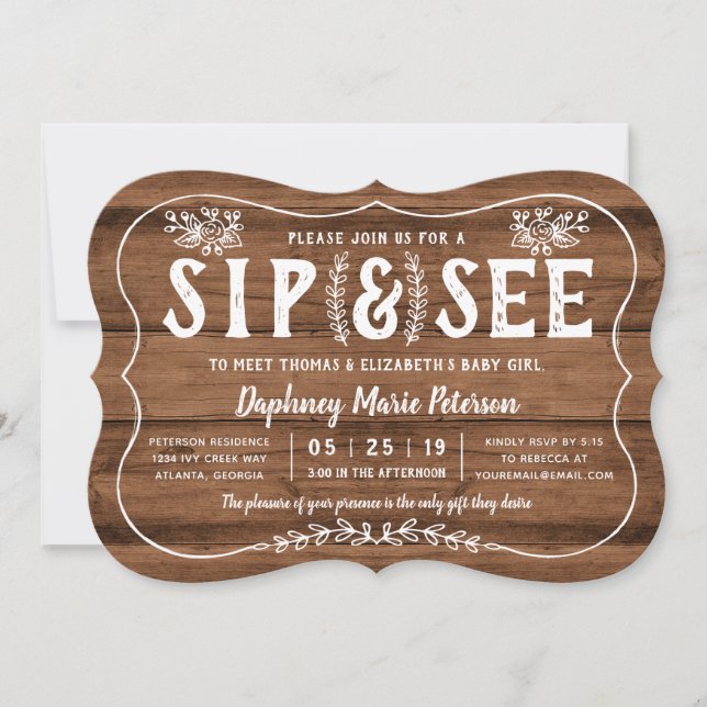 Bois rustique Sip et voir Baby shower Invitation (Devant)