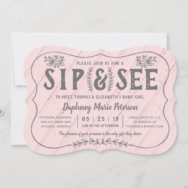 Bois rustique Sip et voir Baby shower Invitation (Devant)