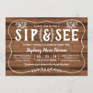 Bois rustique Sip et voir Baby shower Invitation