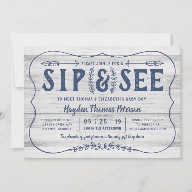 Bois rustique Sip et voir Baby shower Invitation (Devant)