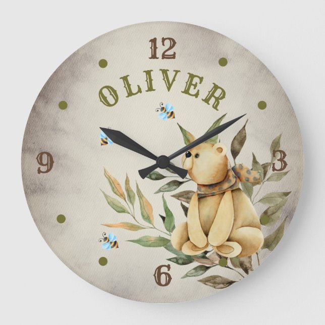 Bois Teddy Bear Garçon Baby Nursery Grosse horloge (Recto)