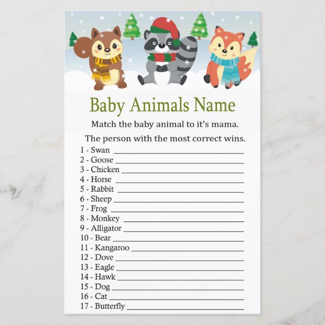 boisé d'hiver animal bébé Animaux Nom Jeu (Devant)