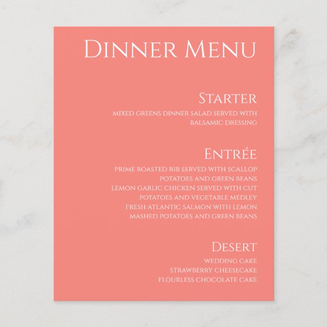 Boisson mariage et dîner Menu-Corail rose- (Devant)