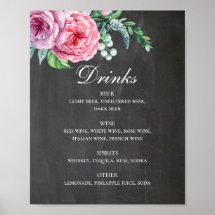 Boissons de mariage de tableau noir. Alcool floral