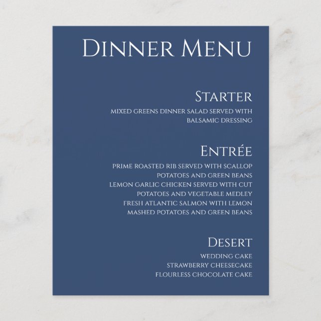 Boissons mariages et Dîner Menu-Bleu foncé et blan (Devant)