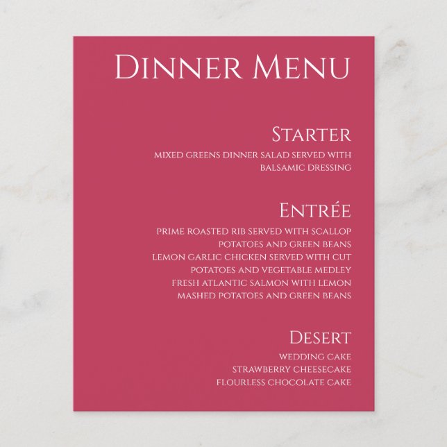 Boissons mariages et Dîner Menu-Viva Magenta- (Devant)