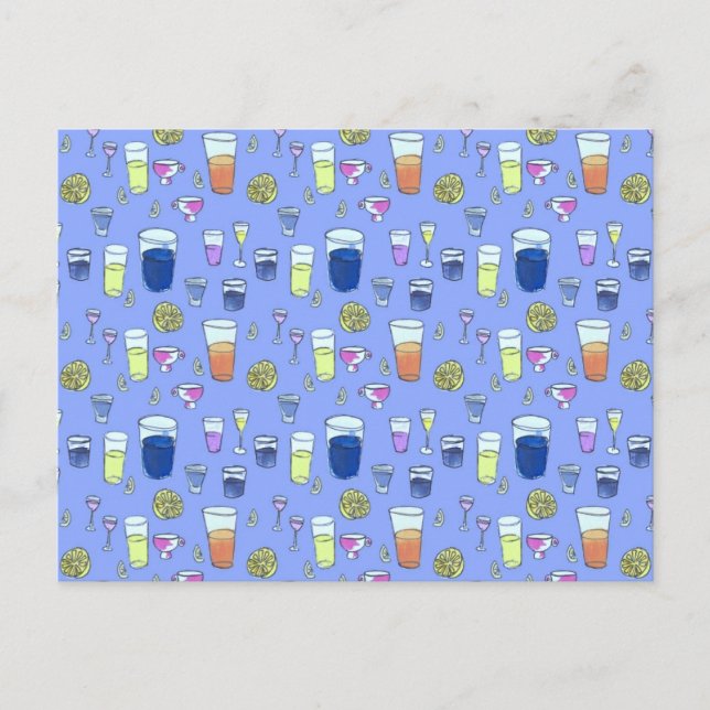 Boissons mixtes sur carte postale bleue (Devant)