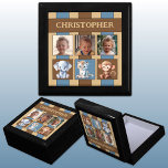 Boîte À Souvenirs 3 photo mignon animal nom bleu brun gardien<br><div class="desc">Garder boîte cadeau pour les enfants. Remplacez les 3 photos par les vôtres et ajoutez un nom. Brown,  bleu et crème,  avec des rayures et de mignons bébés animaux.</div>