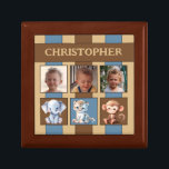 Boîte À Souvenirs 3 photo mignon animal nom bleu brun gardien<br><div class="desc">Garder boîte cadeau pour les enfants. Remplacez les 3 photos par les vôtres et ajoutez un nom. Brown,  bleu et crème,  avec des rayures et de mignons bébés animaux.</div>