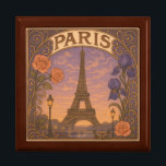 Boîte À Souvenirs Art Nouveau Paris Tour Eiffel Floral<br><div class="desc">Cette élégante boîte cadeau de style Art nouveau comprend la tour Eifel bordée de roses roses et d'iris violet. Image AI générée</div>
