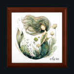 Boîte À Souvenirs Carrelage en céramique personnalisé Magique Sirène<br><div class="desc">Une sirène magique à l'aquarelle blanche customisée de votre nom. Cheveux flottants,  style plante sous-marin illustratif. Un cadeau pour n'importe quelle fille. Choisissez la couleur de votre boîte dans les sélections.</div>