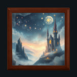 Boîte À Souvenirs Château céleste de la Lune<br><div class="desc">: Une scène magique et enchanteresse d'un grand château perché au sommet d'un somptueux sommet de montagne sous un ciel étoilé. Une grande lune lumineuse domine le ciel, ornée d'une étoile rayonnante. Des corps célestes étincelants et de la poussière cosmique tourbillonnante remplissent l'étendue sombre au-dessus de nuages doux et éthérés...</div>
