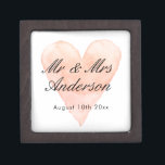 Boîte À Souvenirs Custom Mr Mrs coral watercolor heart wedding ring<br><div class="desc">Custom Mr and Mrs coral pink watercolor heart wedding keepsake gift box with magnetic lid. Add personalized name of bride and groom / newly weds. Vintage love symbol background design with stylish script typography. Great for ring bearer, jewelry, party favor and other stuff. Also nice for elegant engagement, anniversary, bridal...</div>