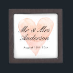 Boîte À Souvenirs Custom Mr Mrs coral watercolor heart wedding ring<br><div class="desc">Custom Mr and Mrs coral pink watercolor heart wedding keepsake gift box with magnetic lid. Add personalized name of bride and groom / newly weds. Vintage love symbol background design with stylish script typography. Great for ring bearer, jewelry, party favor and other stuff. Also nice for elegant engagement, anniversary, bridal...</div>