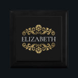 Boîte À Souvenirs Élégant Monogram noir Gold Office School<br><div class="desc">Un élégant coffret cadeau noir et or fleuri. Ajoutez votre nom entre la floraison dorée sur le devant. Conçu pour vous par Blackberry Boulevard.</div>