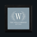 Boîte À Souvenirs Élégant Monogramme Dusty Blue Nom de famille<br><div class="desc">Cette boîte cadeau bleu et blanc poussiéreux est décorée avec un monogramme feuille de laurier et votre nom et votre date mariage. Idéal pour les cadeaux de mariage et d'anniversaire. Personnalisez-le avec votre date initiale,  nom et mariage. Vient dans une variété de couleurs. Conçu pour vous par Blackberry Boulevard.</div>