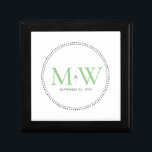 Boîte À Souvenirs Élégant Monogramme Vert Mariage boîte cadeau<br><div class="desc">Élégant Monogramme vert avec bordure de Milgrain noir. La bordure pointillée rappelle le milgrain,  qui est une technique de détail de bijoux souvent utilisée pour les anneaux fiançailles et mariages. La bordure milgrain ajoute un style moderne et élégant à cette boîte cadeau monogrammed keepsaké.</div>