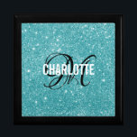 Boîte À Souvenirs Élégant nom de monogramme de parties scintillant t<br><div class="desc">Élégante boîte cadeau monogramme de parties scintillant turquoise. Personnalisez avec votre nom et votre initiale.</div>