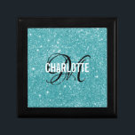 Boîte À Souvenirs Élégant nom de monogramme de parties scintillant t<br><div class="desc">Élégante boîte cadeau monogramme de parties scintillant turquoise. Personnalisez avec votre nom et votre initiale.</div>
