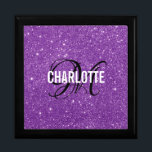 Boîte À Souvenirs Élégant nom de monogramme de parties scintillant v<br><div class="desc">Élégante boîte cadeau monogramme de parties scintillant violet. Personnalisez avec votre nom et votre initiale.</div>