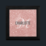 Boîte À Souvenirs Élégant rose or parties scintillant nom monogramme<br><div class="desc">Élégante boîte cadeau de parties scintillant en or rose monogramme nom. Personnalisez avec votre nom et votre initiale.</div>