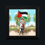 Boîte À Souvenirs Enfant avec le drapeau de Keffiyeh Palestine<br><div class="desc">Petit garçon mignon de Gaza,  portant un Keffiyeh,  et tenant le drapeau palestinien,  symbole de liberté et d'indépendance de la Palestine libre. Illustration graphique Vector originale copyright BluedarkArt TheChameleonArt.</div>
