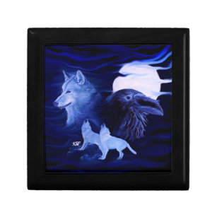 Boîte À Souvenirs Loups et corbeau avec pleine lune