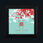 Boîte À Souvenirs Mariage chinois Turquoise Bambou Feuille Double Xi<br><div class="desc">Feuilles en bambou oriental zen rouge, bleu turquoise et blanc avec un symbole minimaliste double bonheur dans un simple rectangle cadre mariage boîte cadeau de mariage. Un design mariage asiatique élégant et élégant pour le couple moderne et élégant. Les bambous sont à feuillage persistant et symbolisent la chance, le bonheur,...</div>