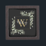 Boîte À Souvenirs Monogramme d'or noir Vert Floral<br><div class="desc">Elégante aquarelle verdure feuille monogramme nom boîte cadeau avec un monogramme or initial sur un arrière - plan noir avec votre nom dans un script blanc élégant. Conçu par Thisisnotme©</div>