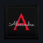 Boîte À Souvenirs Nom du monogramme rouge noir de la fille<br><div class="desc">Noir et Rouge Simple script Monogramme Nom Bijoux Garde Boîte. Cela fait le cadeau parfait de remise de diplômes,  anniversaire,  mariage,  douche nuptiale,  anniversaire,  baby shower ou bachelorette pour quelqu'un qui aime le luxe glam et les styles chic.</div>