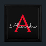 Boîte À Souvenirs Nom du monogramme rouge noir de la fille<br><div class="desc">Noir et Rouge Simple script Monogramme Nom Bijoux Garde Boîte. Cela fait le cadeau parfait de remise de diplômes,  anniversaire,  mariage,  douche nuptiale,  anniversaire,  baby shower ou bachelorette pour quelqu'un qui aime le luxe glam et les styles chic.</div>