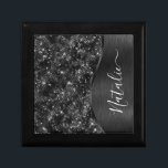 Boîte À Souvenirs Parties scintillant noire métallique personnalisée<br><div class="desc">Personnalisez facilement cette boîte cadeau à motif de métal brossé noir et de faux parties scintillant glamour avec votre propre nom personnalisé.</div>
